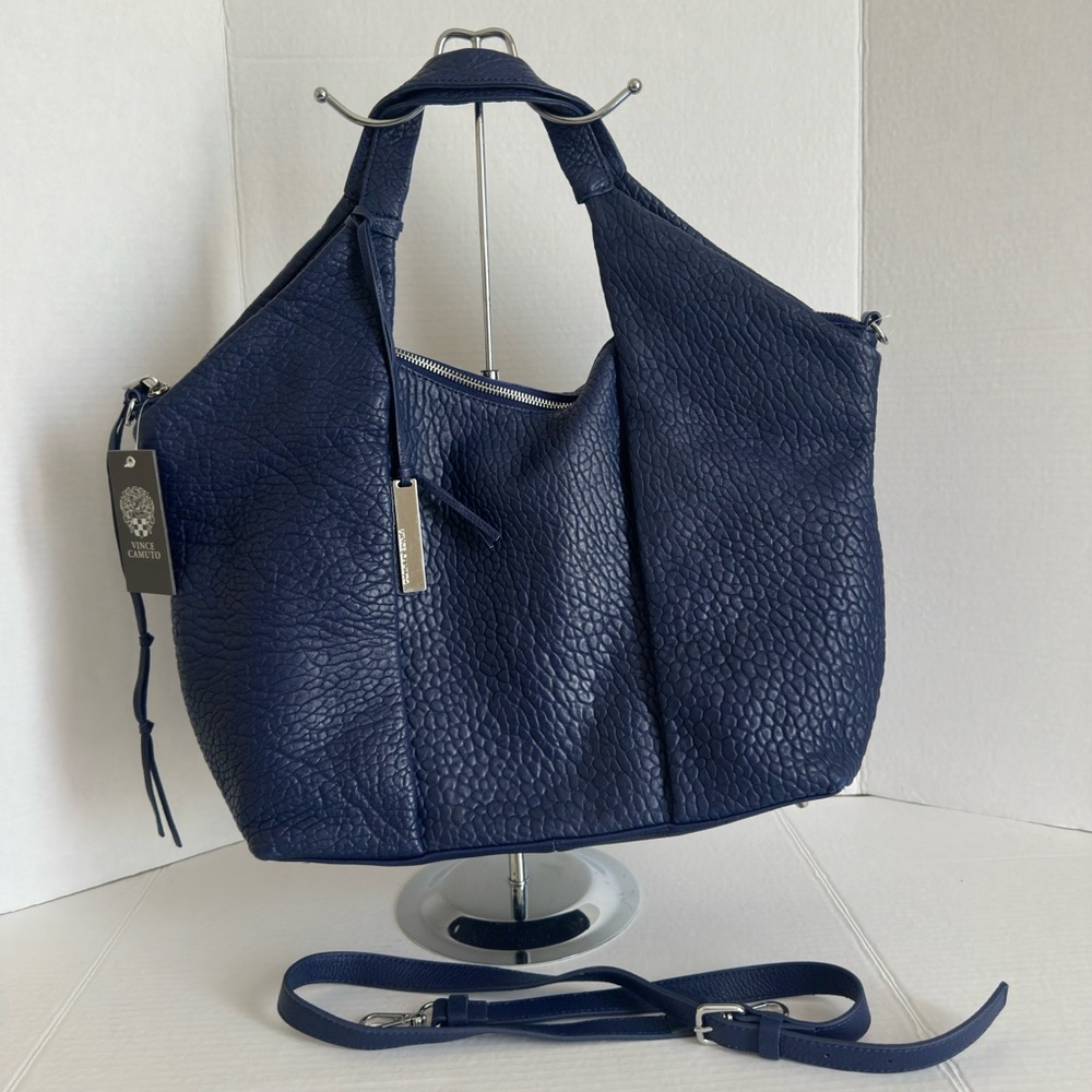 NWT Vince Camuto Lamb Leather Pleated Convertible Tote Blue Shoulder Bag - Picture 2 of 16